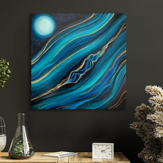 Romantic Couple Floating in Space - Original glow in the dark painting on recycled canvas, Romantic and gives good vibes, yin-yang, Soulmate, Twin Flames Art
