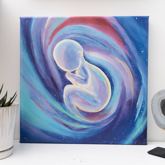 Baby-Light Original, Glow in the Dark painting on recycled canvas, baby shower gift, angel, unborn child, star children, kids room decor, spirituality canvas art. Also suitable as Angel Baby for Infant Loss, Stillbirth Memorial, Miscarriage, Infant Loss gift, Still Born Sympathy.