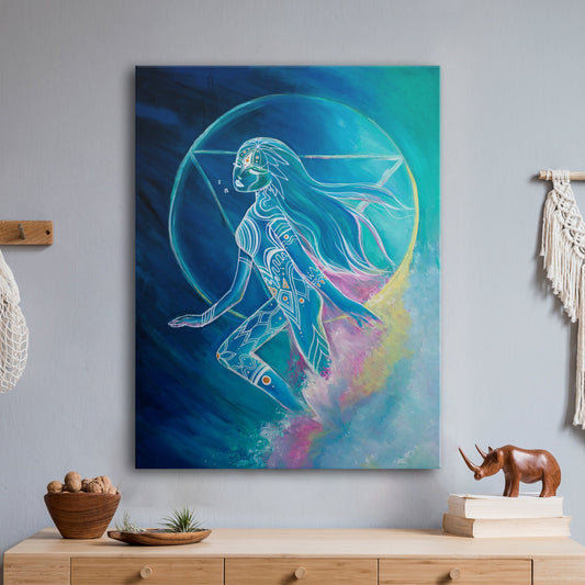 This symbolic spiritual painting represents the inner strength of the divine feminine. The symbol for the seventh Chakra, the third eye chakra, Ajna, is featured behind the main subject, representing awakening and clear sight. As well as the logo for my upcoming fantasy trilogy (Axys), featured over her third eye.