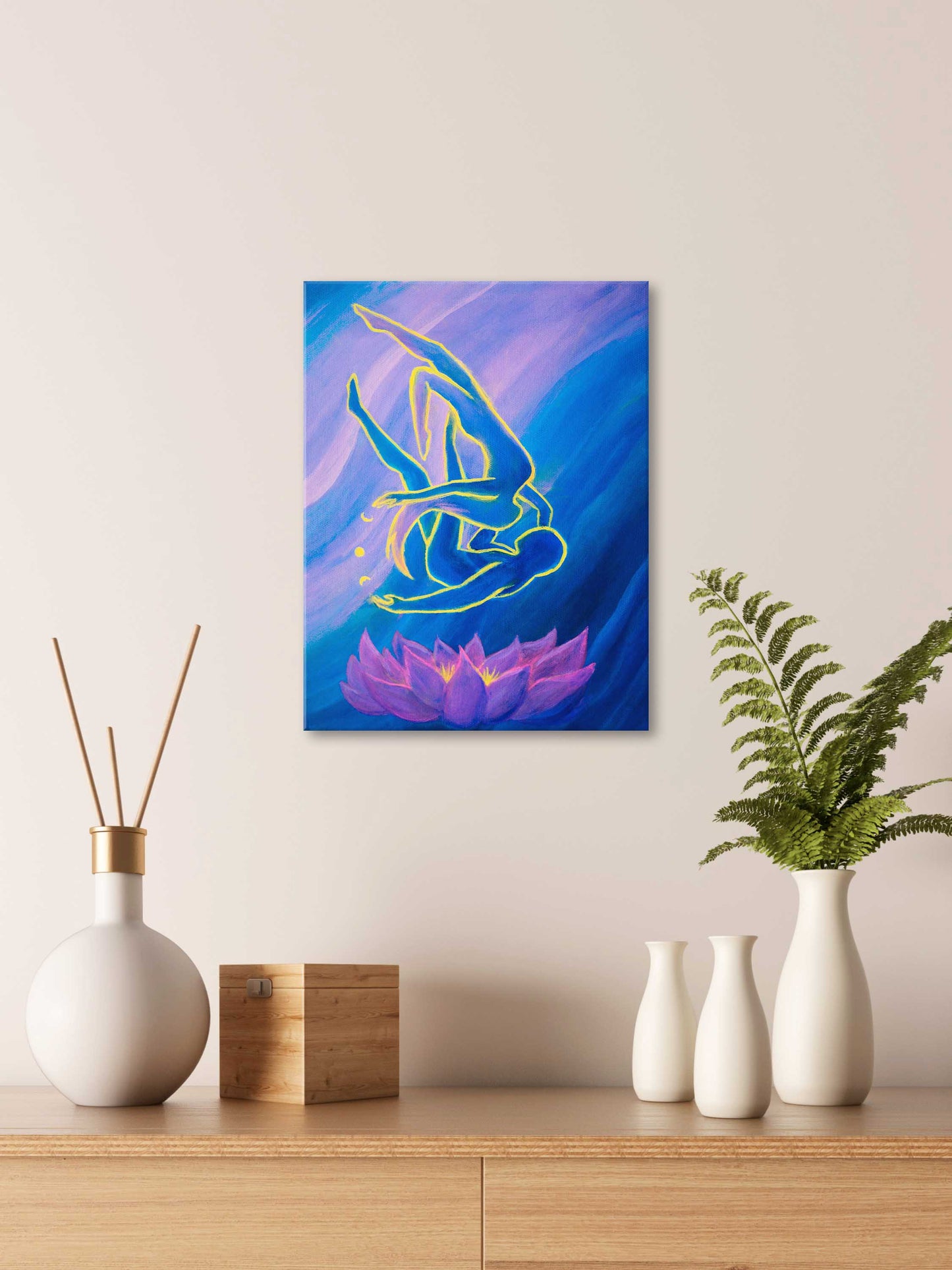 Soulmate Art, Spiritual Painting, Chakra art, Fantasy, Twin Flames Reunion, Cresent Moon phases, magical and Romantic gift with Lotus Flower, Acrylic painting on canvas