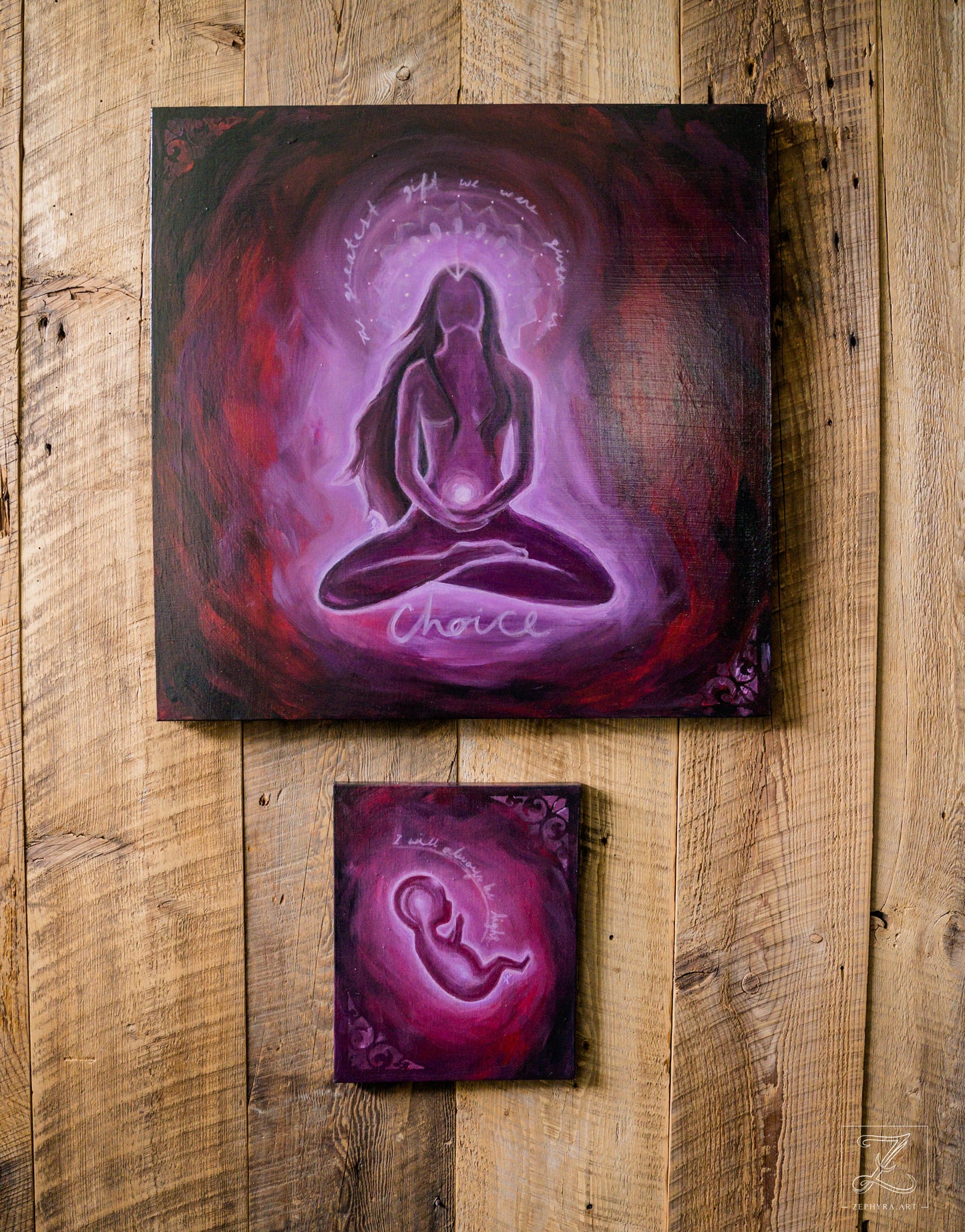 abortion art, spiritual creation, freedom to choose, decision, baby light, soul, angel sent to mother, physical form or spiritual plane, loss or decisions, A Goddess has the right to choose for the wellbeing of herself or her unborn child. This is our divine gift: choice.   Spiritual Mother Original Art, aligned with Spiritual Awakening and the Inner Goddess. Medium size and small acrylic painting on canvas, Glow in the dark, divinity, spiritual art