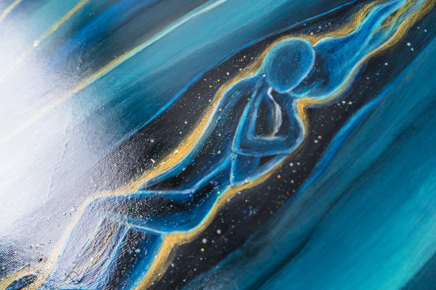 Closeup Glitter from Romantic Couple Floating in Space - Original glow in the dark painting on recycled canvas, Romantic and gives good vibes, yin-yang, Soulmate, Twin Flames Art