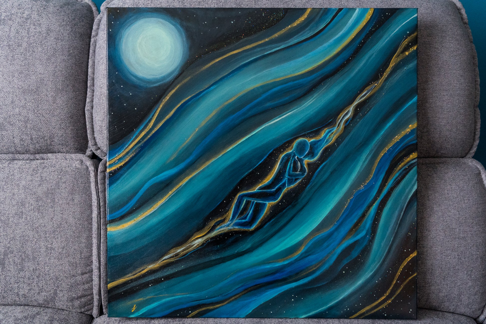Romantic Couple Floating in Space - Original glow in the dark painting on recycled canvas, Romantic and gives good vibes, yin-yang, Soulmate, Twin Flames Art