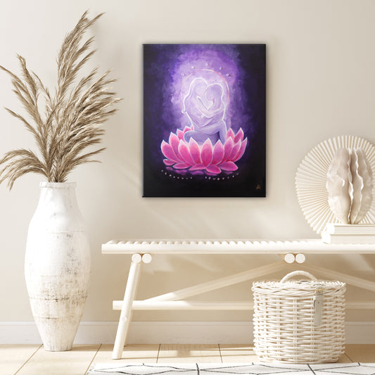 Divine Union Fantasy Art, Spiritual Love Painting, Romantic Couple Love Art Canvas Print Infinity Pink Purple Lotus This spiritual couple painting features the divine feminine and the divine masculine positioned in the sacred Yab Yum pose, sitting together on a pink lotus.