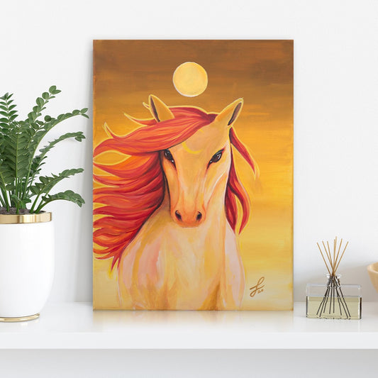 This majestic peaceful horse painting is the perfect art for your home to lift your spirit.   Fantasy Horse Original Piece, Canvas Art, Fire Horse Painting, Sunlit Mystical Red Horse, Horse Lover Decor, Glow in the Dark  The sixth animal in the Chinese zodiac is the horse. Power, beauty, and freedom symbolize the horse in Chinese culture. 