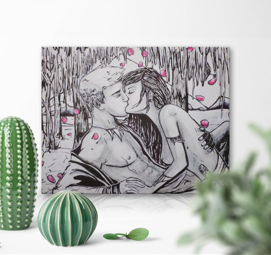 Lovers Fantasy Art, Romantic Couple Drawing on Canvas, Original Small Canvas Art, Couples Kissing Ink Drawing