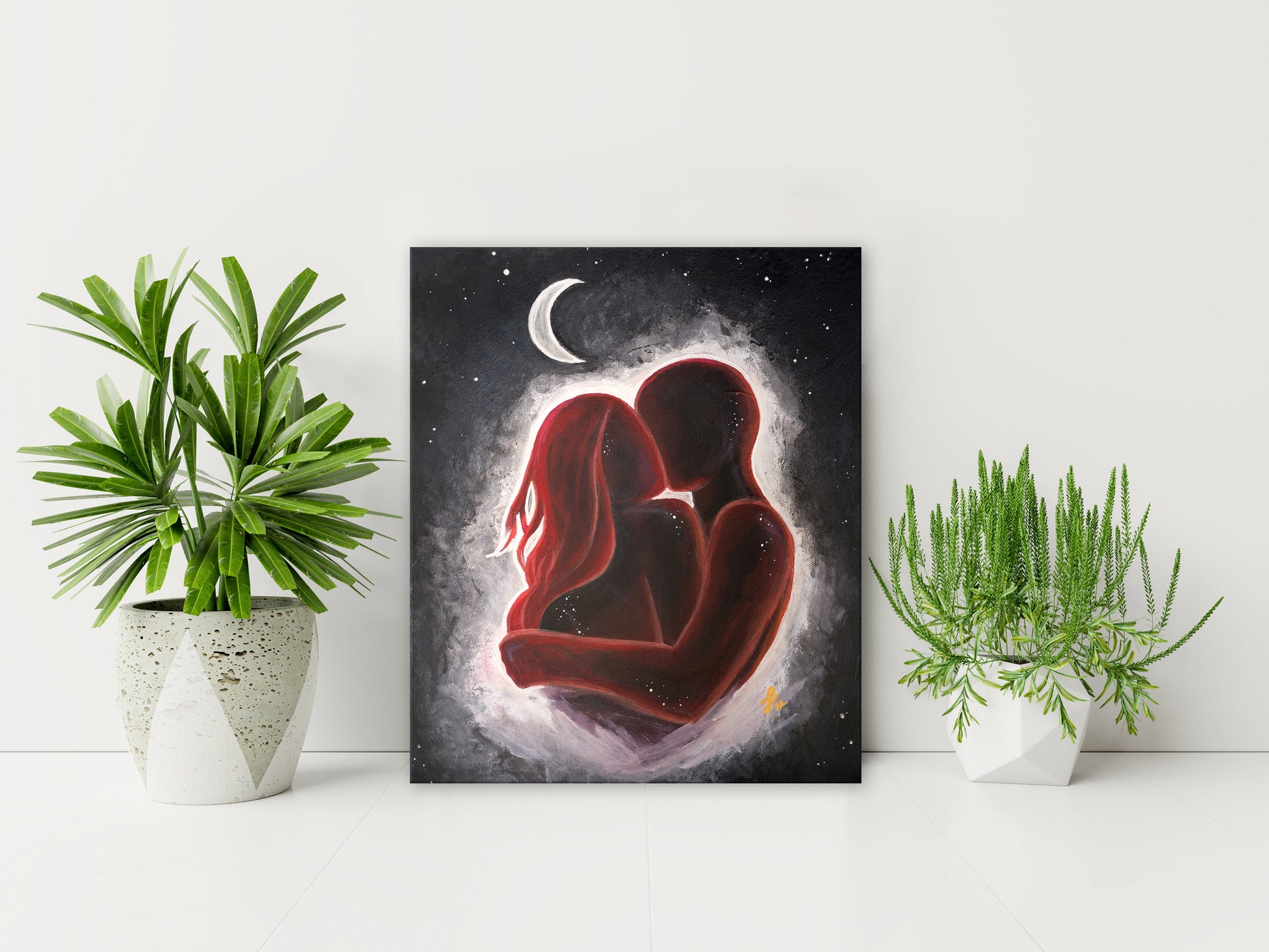 Lovers in the night 10x12 - Original acrylic painting on recycled canvas